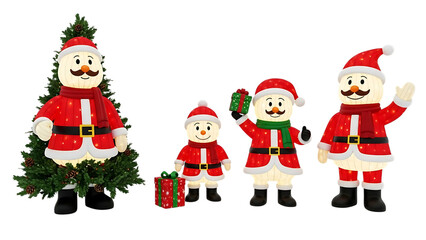 Illuminated Santa Claus figures and Christmas tree decorations