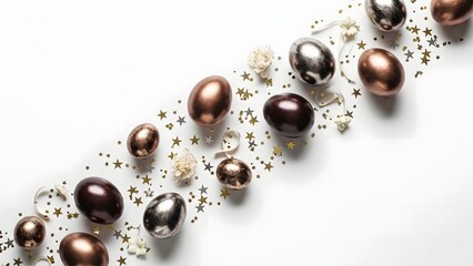 Elegant metallic easter eggs on white background