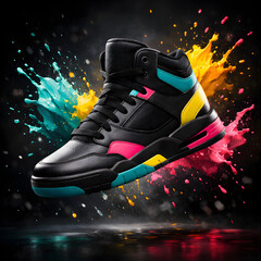 Abstract Color Splash High Top Sneaker Floating on Dark Background