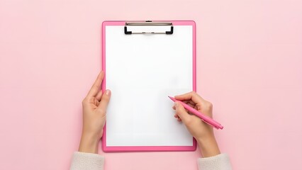 Hands writing on pink clipboard