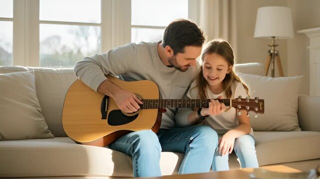 Caring caucasian father teaching his young daughter to play acoustic guitar in their bright home. Happy family bonding and spending quality time together on the sofa