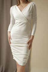 Fashion Studio Portrait of Woman in Elegant White Dress, Luxury Wedding Guest Collection