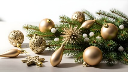 A serene Scandinavian Christmas scene with monochrome ornaments and pine branches in a white studio setting viewed from the front