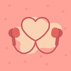 Valentine earbuds heart illustration. Two flat earbuds positioned apart. Curved cable forming heart outline. Soft abstract background shapes. Warm romantic music mood.