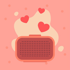 Valentine music speaker illustration. Rounded portable speaker form. Floating musical heart symbols above. Soft abstract background accents. Warm romantic audio theme.