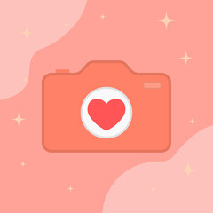 Valentine camera heart illustration. Large flat camera form. Bright heart symbol inside lens circle. Soft abstract background blobs. Warm romantic photo theme.