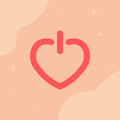 Valentine power heart illustration. Large heart-shaped power button form. Clean flat lines detail. Soft abstract background shapes. Warm romantic activation theme.