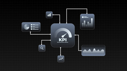 Key Performance indicator workflow automation. KPI dashboard workflow diagram showing key performance indicators, analytics charts, data monitoring, and business intelligence connections.