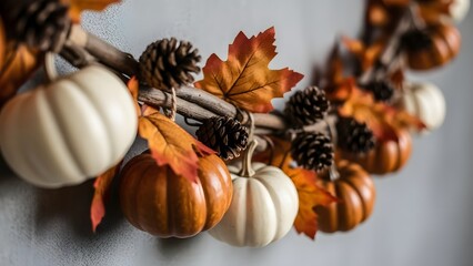Autumn decorative garland with pumpkins and leaves