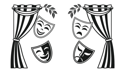 Theater masks depicting joy and sorrow hang near curtains.