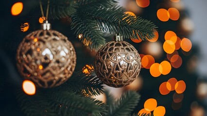 Golden ornaments on christmas tree