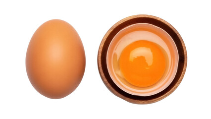 Brown chicken egg and cracked egg in wooden bowl isolated PNG, healthy breakfast ingredient on transparent background