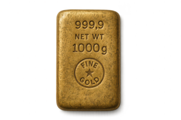 Gold bar 999.9, 1000g on transparent background, bullion of wealth value