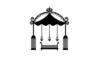 An ornate black silhouette of a gazebo with a bench inside.