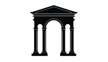 A black silhouette of a classical archway with columns and a pediment.