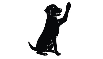 A black dog sits and raises its paw as if to say hello.