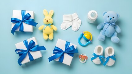Assorted baby gifts on light blue background