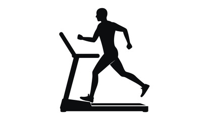 Silhouette of a person running on a treadmill, isolated on white.