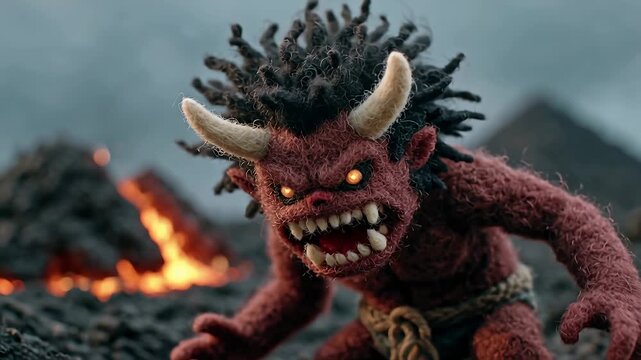 Fierce Red Oni Creature with Glowing Eyes and Horns in a Fiery Landscape.