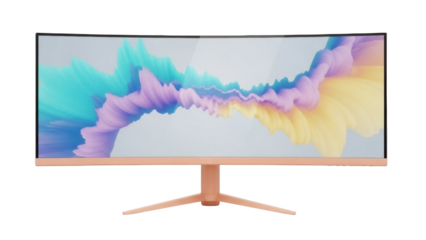 Ultrawide curved monitor PNG isolated on transparent background, modern display with colorful abstract screen for gaming and design use