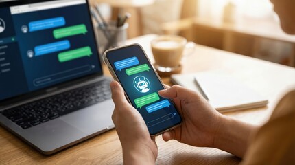 Digital Communication with AI Chatbot on Smartphone and Laptop Screens