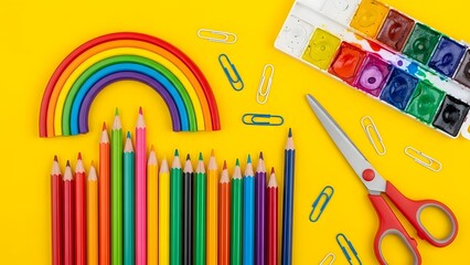 Colorful art supplies on yellow background
