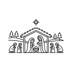 A simple line drawing depicts the nativity scene with figures and stars