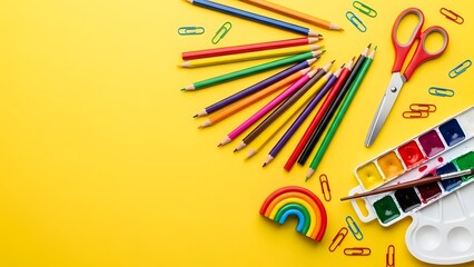 Colorful art supplies on yellow background