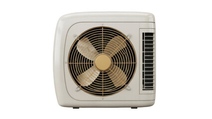 Beige outdoor air conditioning unit PNG isolated on transparent background, climate control appliance for cooling and ventilation