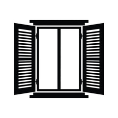 Simple black and white illustration of an open window with shutters