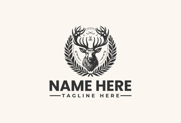 A vector illustration of a deer's head with antlers surrounded by leaves and a circular design on a beige background with a placeholder text for a logo.