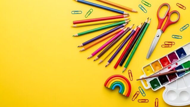 Colorful art supplies on yellow background - Powered by Adobe