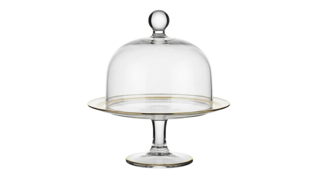 Elegant glass cake stand with dome isolated PNG, serving platter with cover for desserts and pastries on transparent background