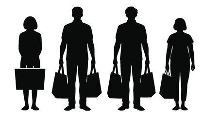 Silhouettes of four people holding shopping bags against a white background.