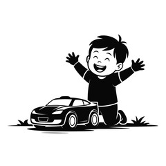 Joyful boy celebrates with arms raised next to a sporty car