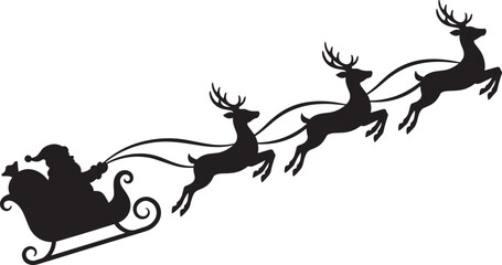 Black silhouette of Santa Claus in a sleigh pulled by three flying reindeer, isolated on white background, Christmas Eve holiday vector illustration.