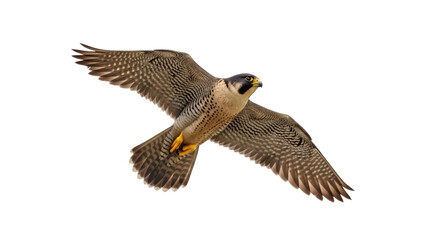 Peregrine falcon flying PNG isolated on transparent background, bird of prey with brown and white plumage, wildlife animal