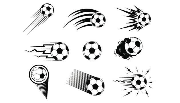 Collection of dynamic soccer balls in motion with speed lines and effects