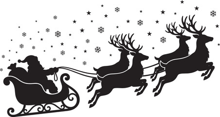 Black silhouette of Santa Claus in a sleigh pulled by four flying reindeer with stars and snowflakes, isolated on white background, vector.