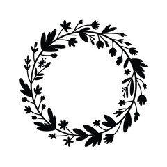A delicate floral wreath illustration handcrafted with black botanical elements