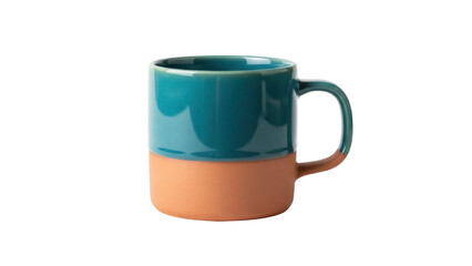 Two-tone teal and terracotta mug isolated PNG on transparent background, modern ceramic coffee cup for hot beverages and kitchenware