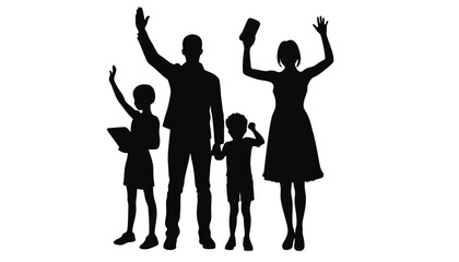 A silhouetted family of four waves their hands in greeting.