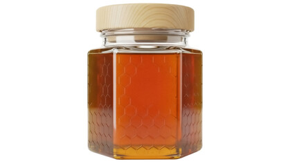 Hexagonal jar of amber honey isolated PNG, natural sweetener on transparent background for healthy eating and product mockups