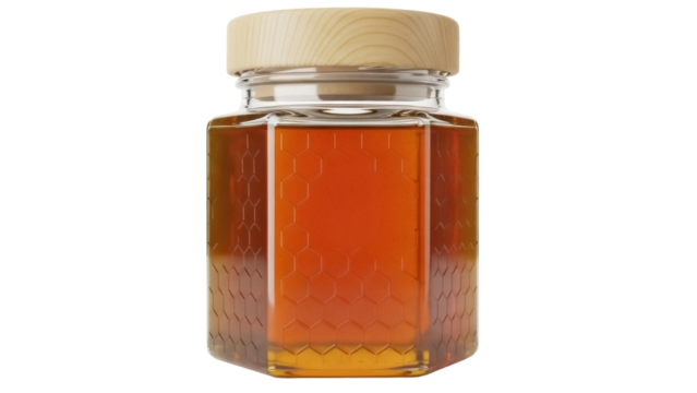 Hexagonal jar of amber honey isolated PNG, natural sweetener on transparent background for healthy eating and product mockups - Powered by Adobe