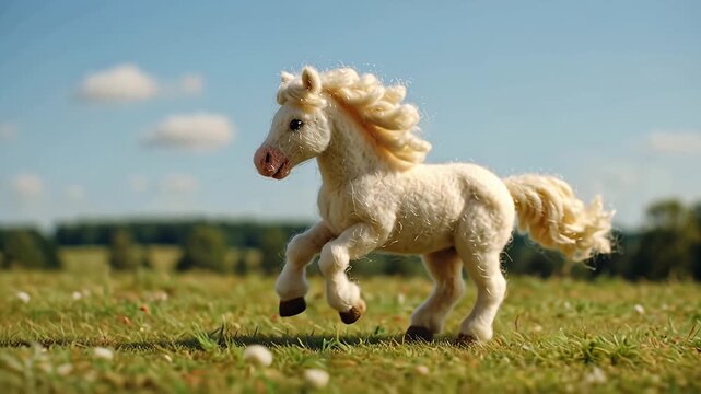 Adorable White Pony Galloping Playfully Across a Lush Green Meadow Under a Bright Blue Sky.