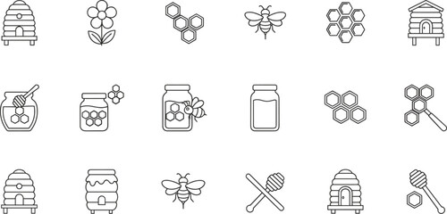 Bee, honey, beekeeping, hive, honeycomb, pollination, apiary, flower, insect, nature, organic, sweet, wax, jar, dipper, nectar, farming, agriculture, environment, icon © Joyaber's World