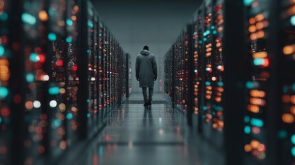 Lone figure walks through vast futuristic data center glowing with colorful server lights