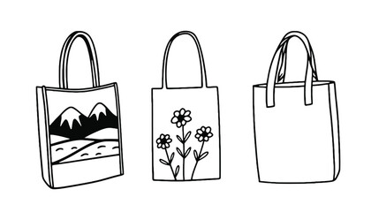 Three tote bags are displayed against a white background.