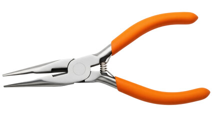 Needle nose pliers with orange handles isolated PNG, precision hand tool for electronics repair and jewelry making on transparent background