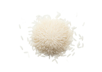 Pile of white rice in a heap with grains spilling out in soft natural lighting for culinary use isolated on white background